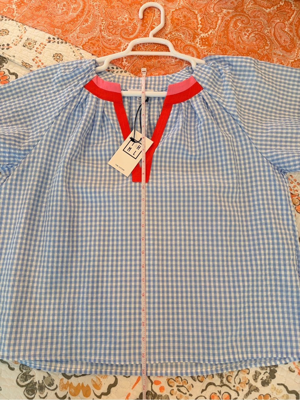 NWT THML THE BETSY BLOUSE Blue Gingham with Red and Pink Trim. SIZE M - Picture 7 of 8